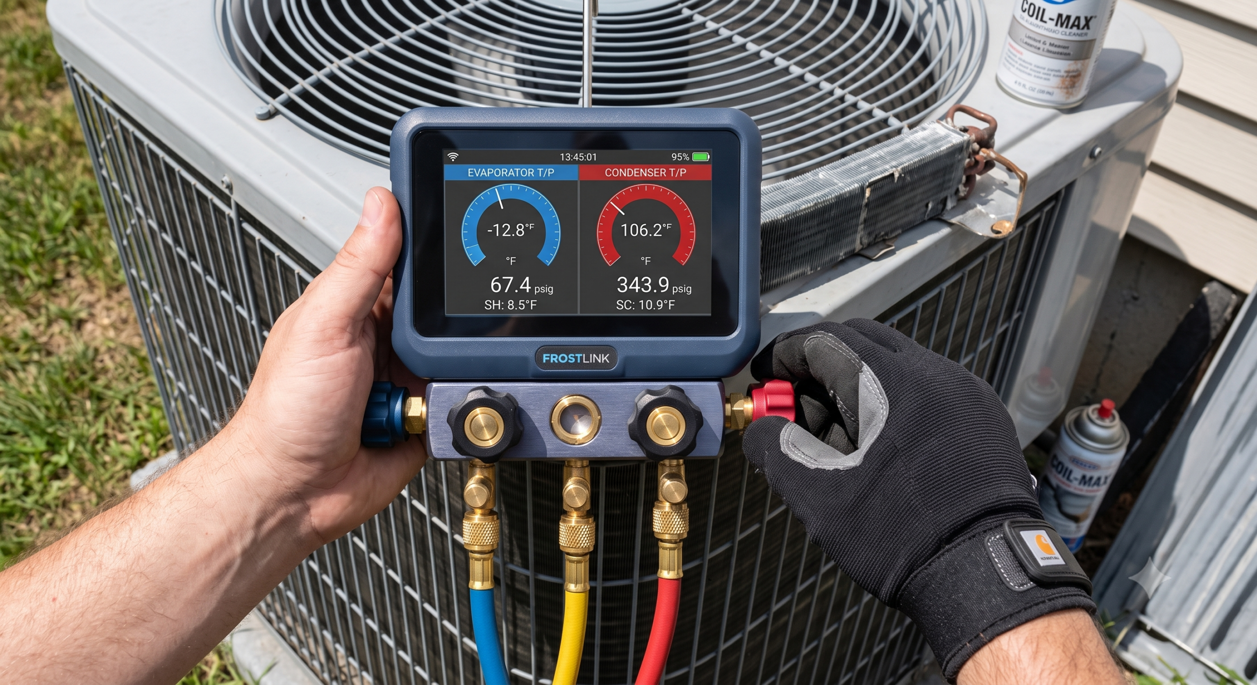 HVAC technician performing AC maintenance in Chillicothe on a residential cooling system