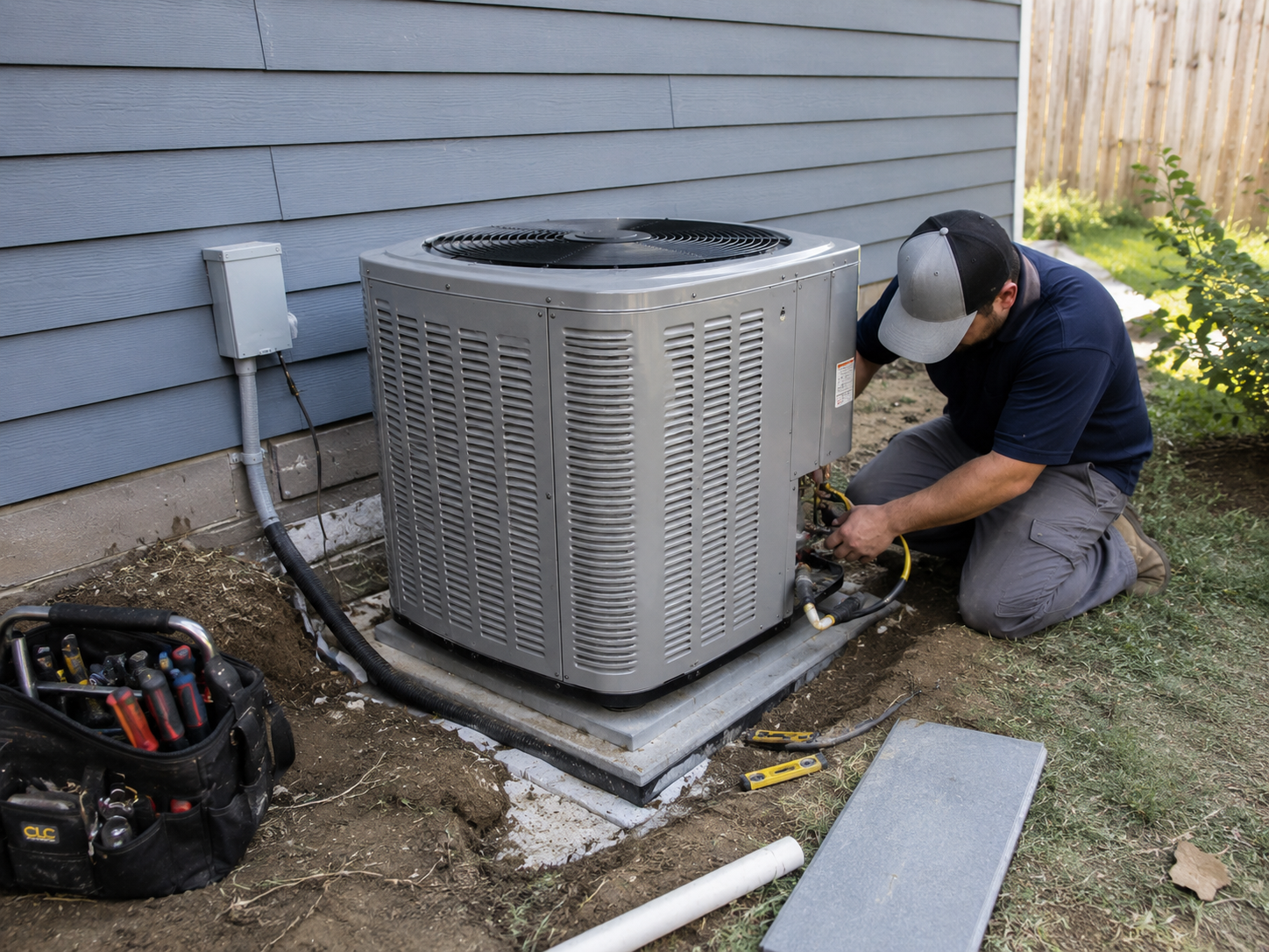 HVAC technician performing AC installation and maintenance in Chillicothe Ohio at a residential home