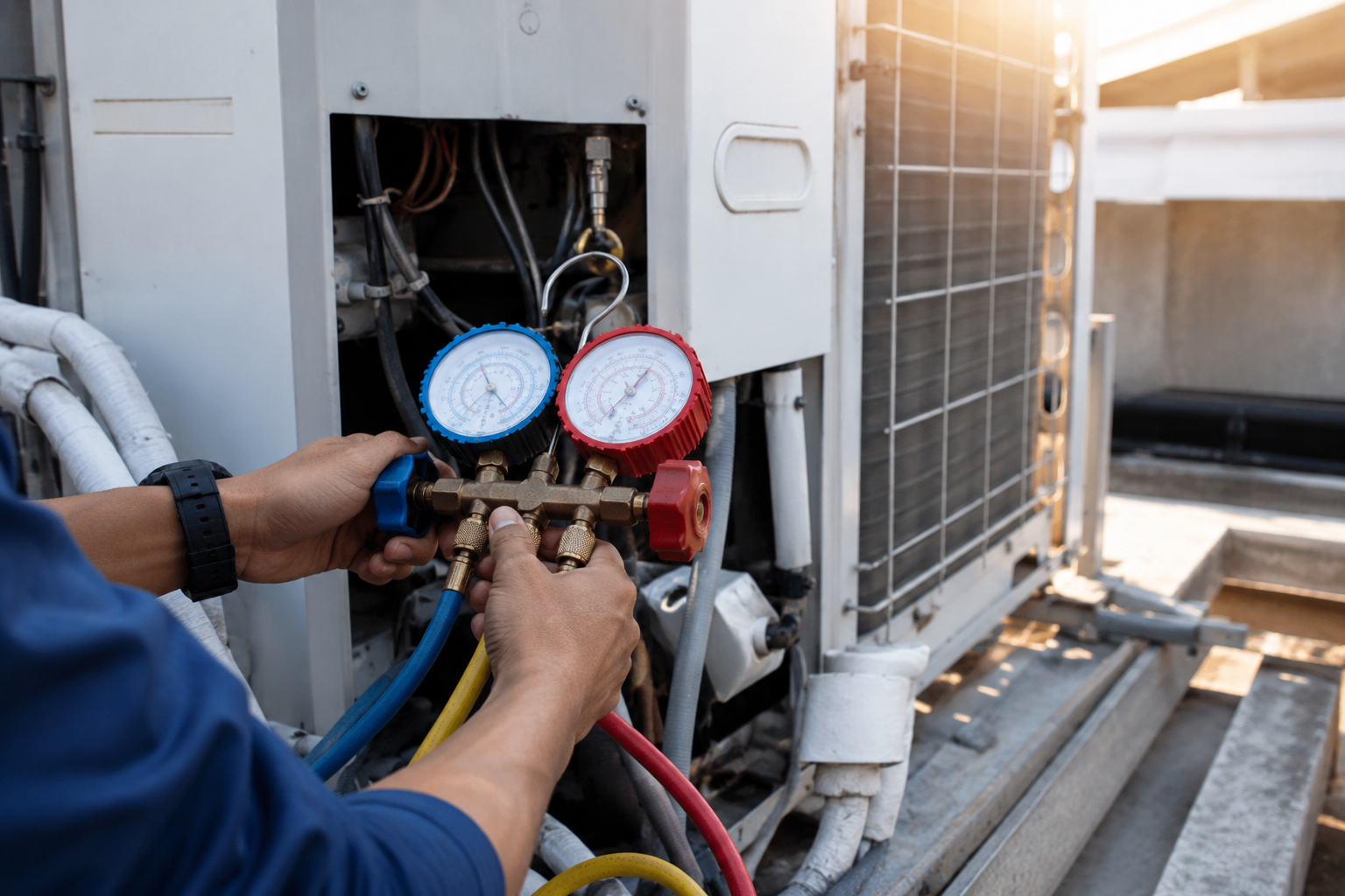 Professional technician providing AC repair service for a malfunctioning residential air conditioning system