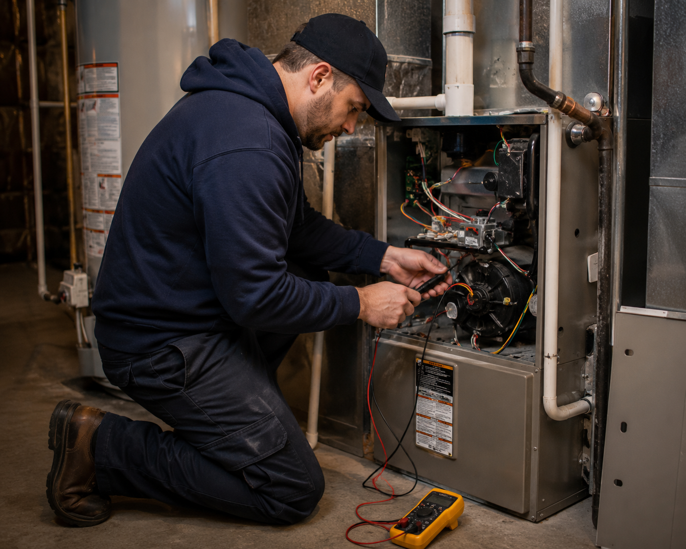 HVAC technician inspecting a furnace for repair before Cincinnati winter