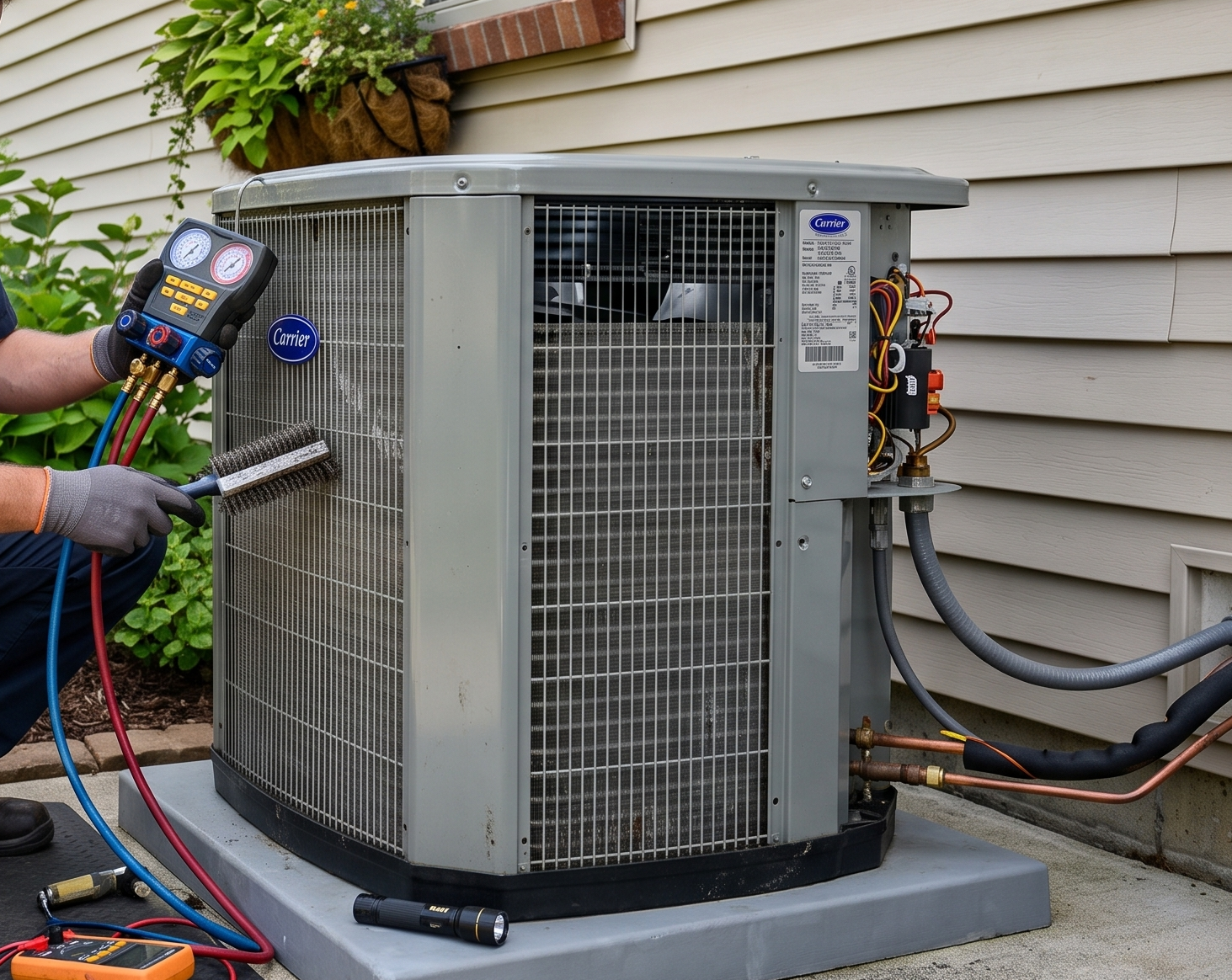 HVAC technician performing a spring AC tune-up on a residential air conditioning system