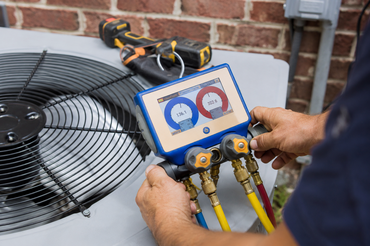 HVAC technician inspecting an air conditioner making strange noises during a residential repair service