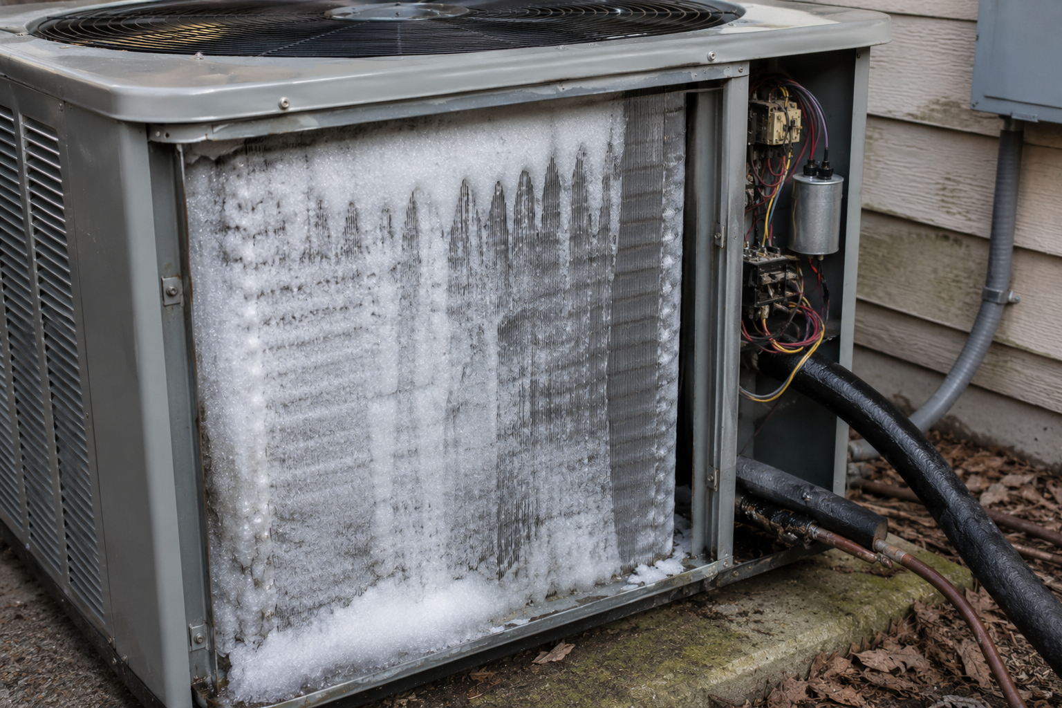 HVAC technician inspecting a frozen AC coil during an emergency air conditioning service