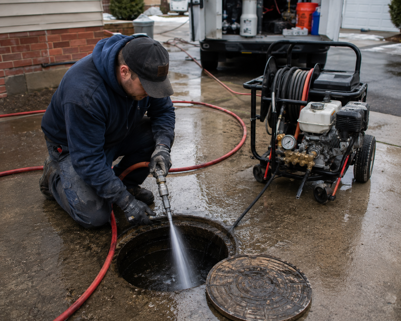 Professional plumber performing hydro jetting to clean pipes at a Dayton, OH home