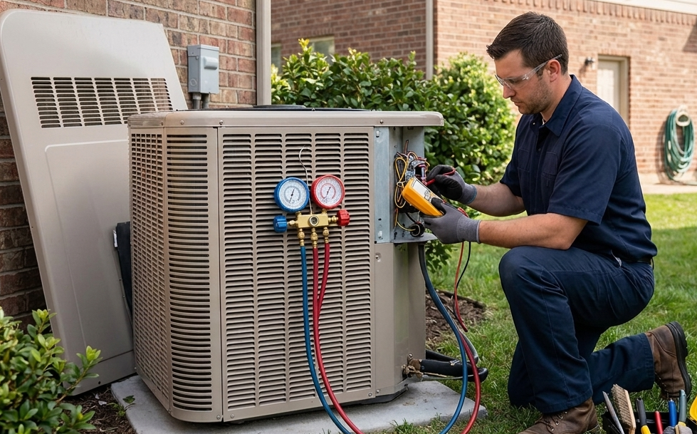 HVAC technician performing post-winter AC maintenance