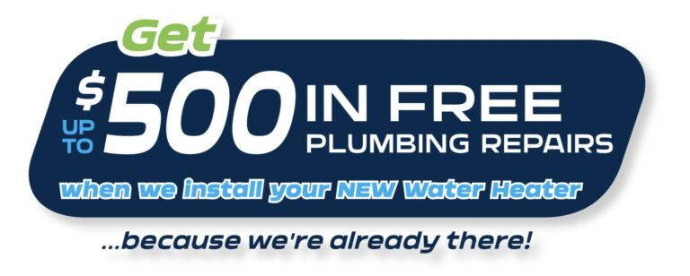 Eco Plumbers promotional graphic: Get up to $500 in free plumbing repairs when we install your new water heater, because we’re already there.