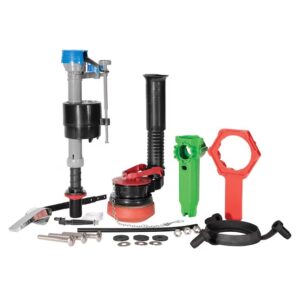 Complete universal toilet repair kit laid out on a white background, including a fill valve, flapper, flush valve, mounting bolts, washers, and installation wrenches.