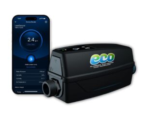 Eco LeakSecure smart water monitoring device next to a smartphone showing the app's flow rate, water pressure, humidity, and usage details.