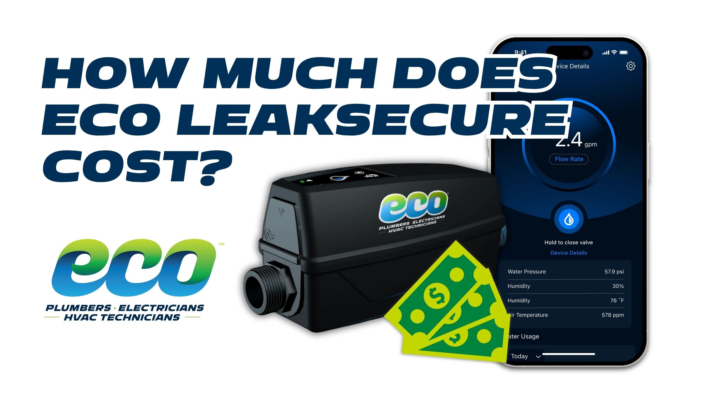 Eco LeakSecure smart water monitor and companion app with a cost graphic, for the blog ‘How Much Does Eco LeakSecure Cost?’