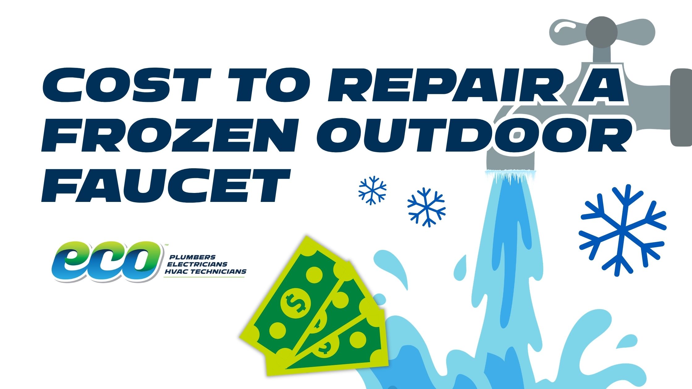 Eco Plumbers, Electricians & HVAC Technicians blog header reading ‘Cost to Repair a Frozen Outdoor Faucet’ with an illustration of a dripping outdoor spigot, snowflakes, and cash