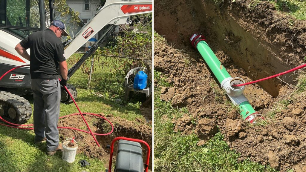 Two-panel photo of a sewer line excavation: left, a technician working beside a Bobcat mini excavator at a dug-out trench in a backyard; right, a close-up of a green PVC pipe fitting with a red coupling connected underground in the trench.