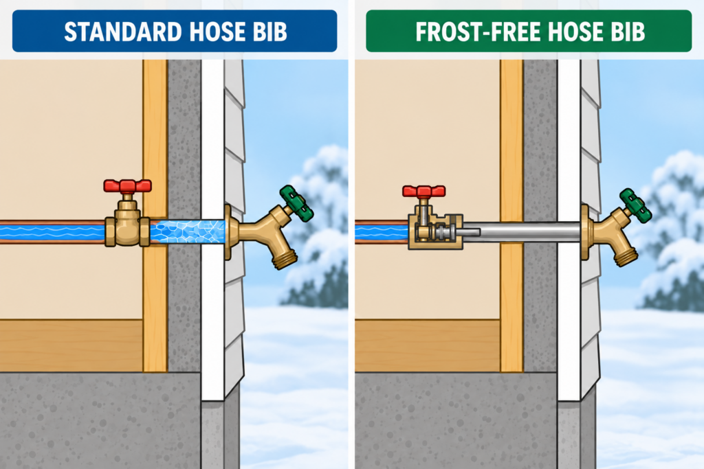 Cross-section diagram comparing a standard hose bib, where the shutoff valve sits inside the heated wall leaving exposed pipe that can freeze, to a frost-free hose bib, where a long stem moves the shutoff valve inside the home’s warm interior