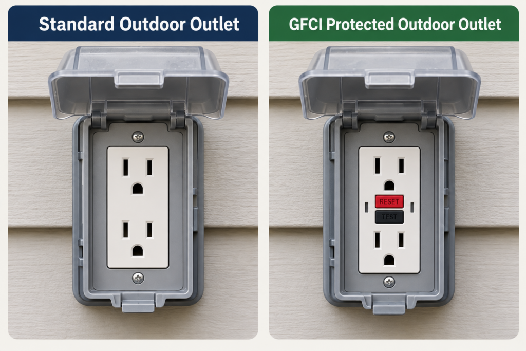 Side-by-side comparison of a standard outdoor outlet with no buttons and a GFCI protected outdoor outlet with red Reset and black Test buttons, both mounted on exterior siding.